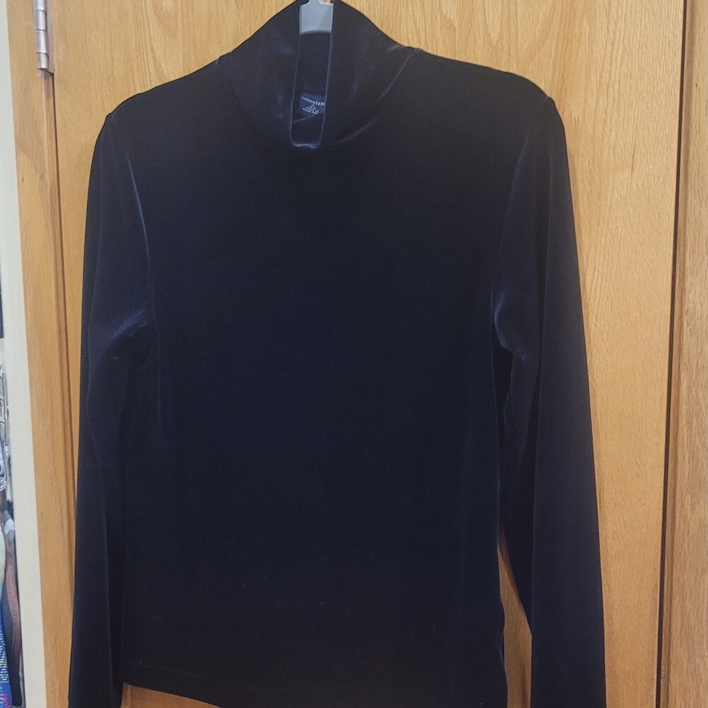 Lands' End High Neck Long Sleeve Black Polyester Velvet Top Medium 10-12 NWT